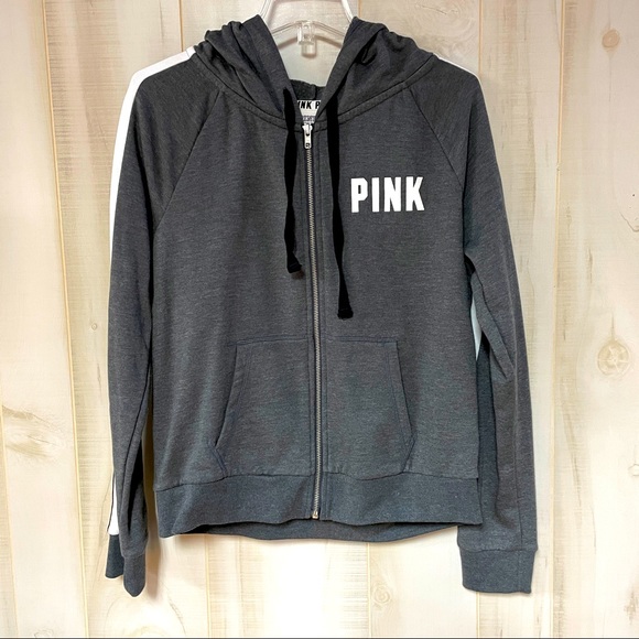 PINK Victoria's Secret Tops - VS Pink Gray Full Zip Up White Stripe Sleeves Hoodie Jacket Sz L